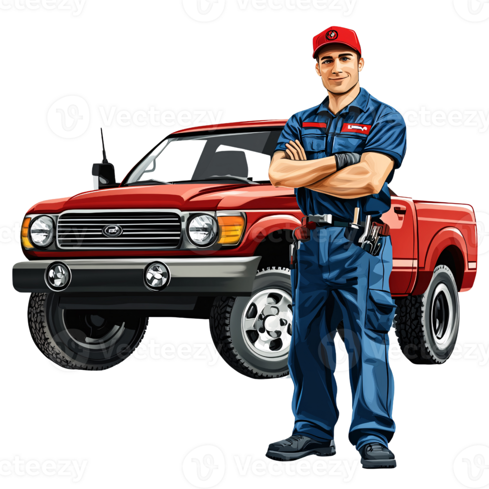 Confident adult Caucasian man mechanic in uniform standing in front of red pickup truck with arms crossed Concept of automotive repair, service, and maintenance png