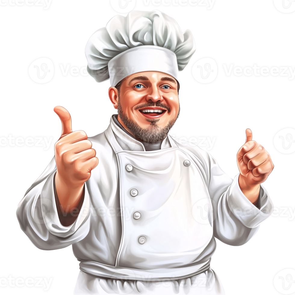 Cheerful Caucasian chef giving thumbs up gesture on transparent background Concept of culinary excellence, approval, and professional cooking png