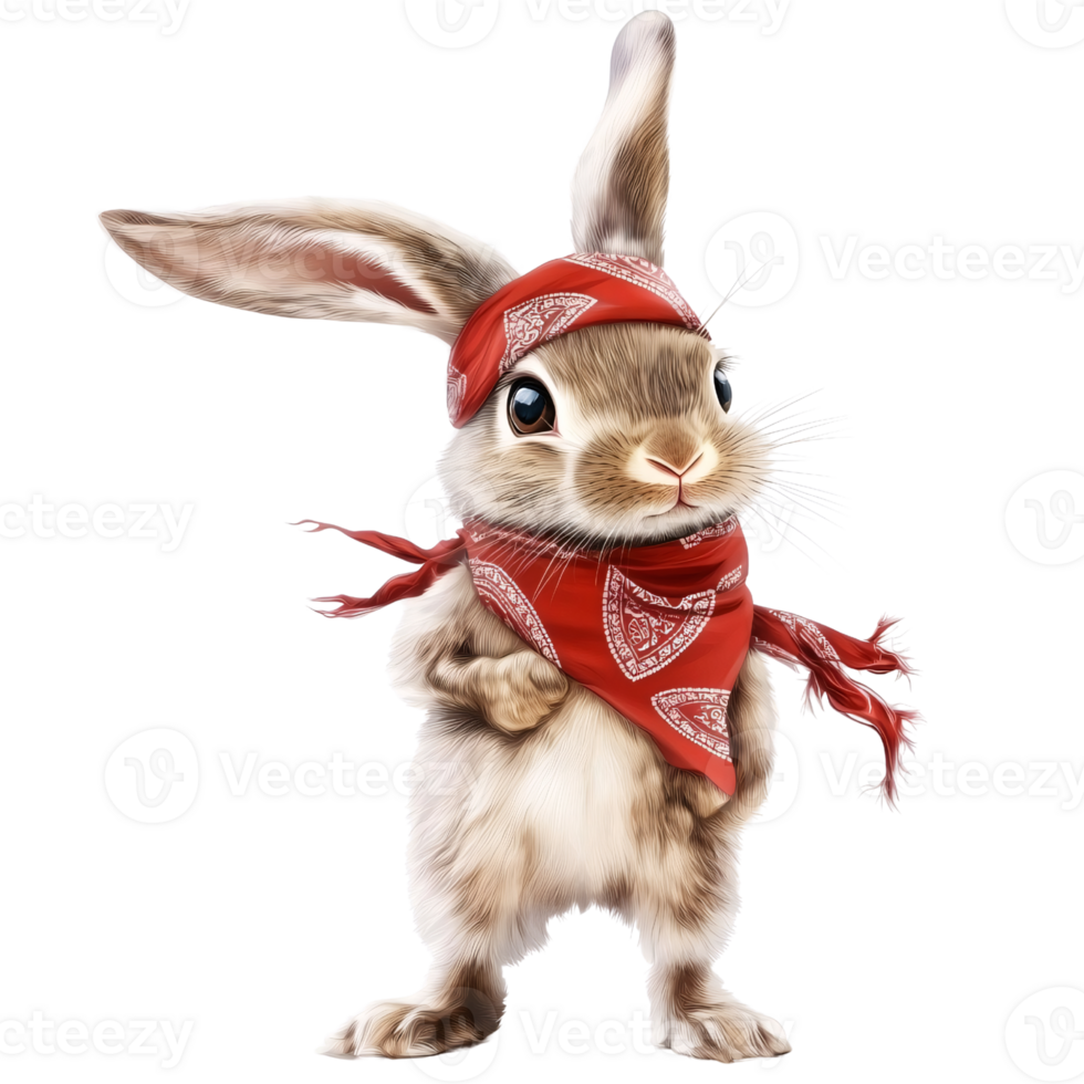 Cute cartoon rabbit wearing red bandana on transparent background Funny bunny character with bandana, concept of animal, pet, and farm png