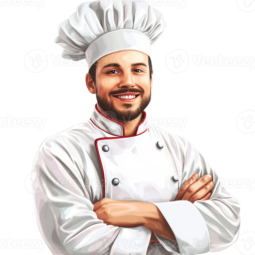 Smiling Caucasian man in chef uniform with arms crossed on transparent background Concept of culinary expertise, professional cooking, and restaurant industry png