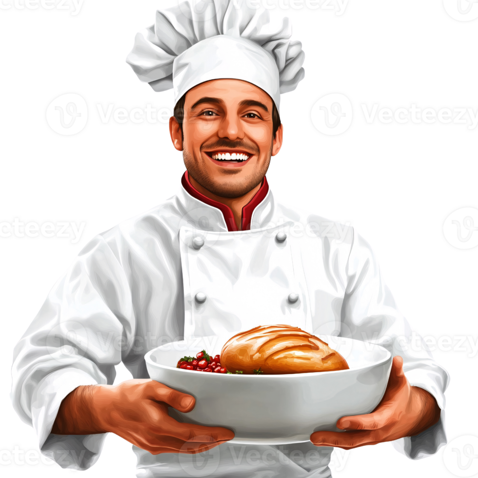 Smiling adult Caucasian man chef in uniform holding a bowl of freshly baked bread on a transparent background Concept of culinary expertise, bakery, and food presentation png