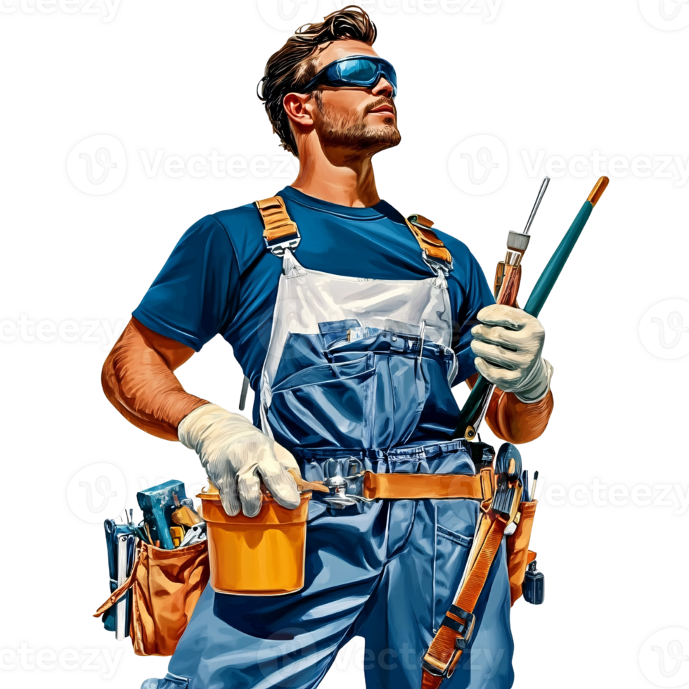 Confident Caucasian man in blue overalls and safety glasses holding tools on transparent background Concept of skilled trades, construction, and professional craftsmanship png