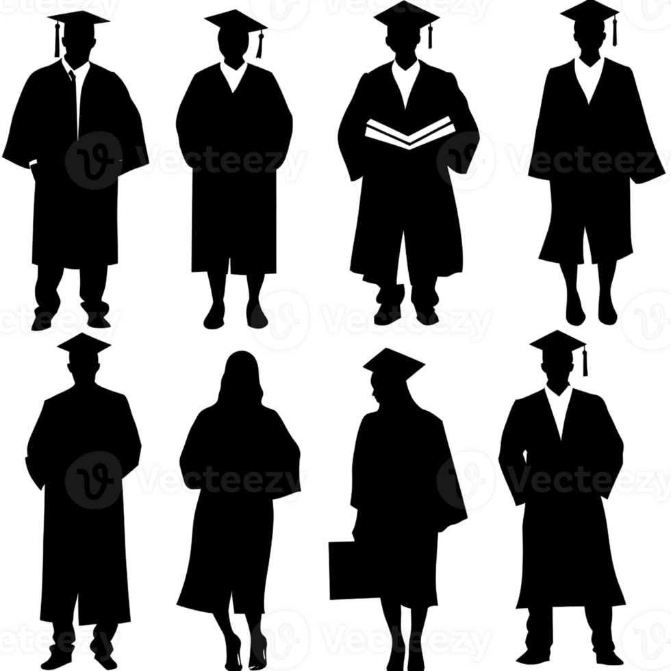 Graduation silhouette of diverse students in academic regalia, celebrating educational achievement and future success on a transparent background png