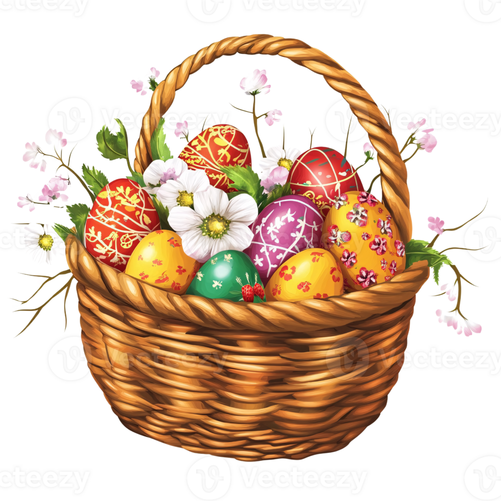 Wicker basket filled with colorful decorated Easter eggs and spring flowers on a transparent background Concept of springtime, holiday, and Easter celebration png