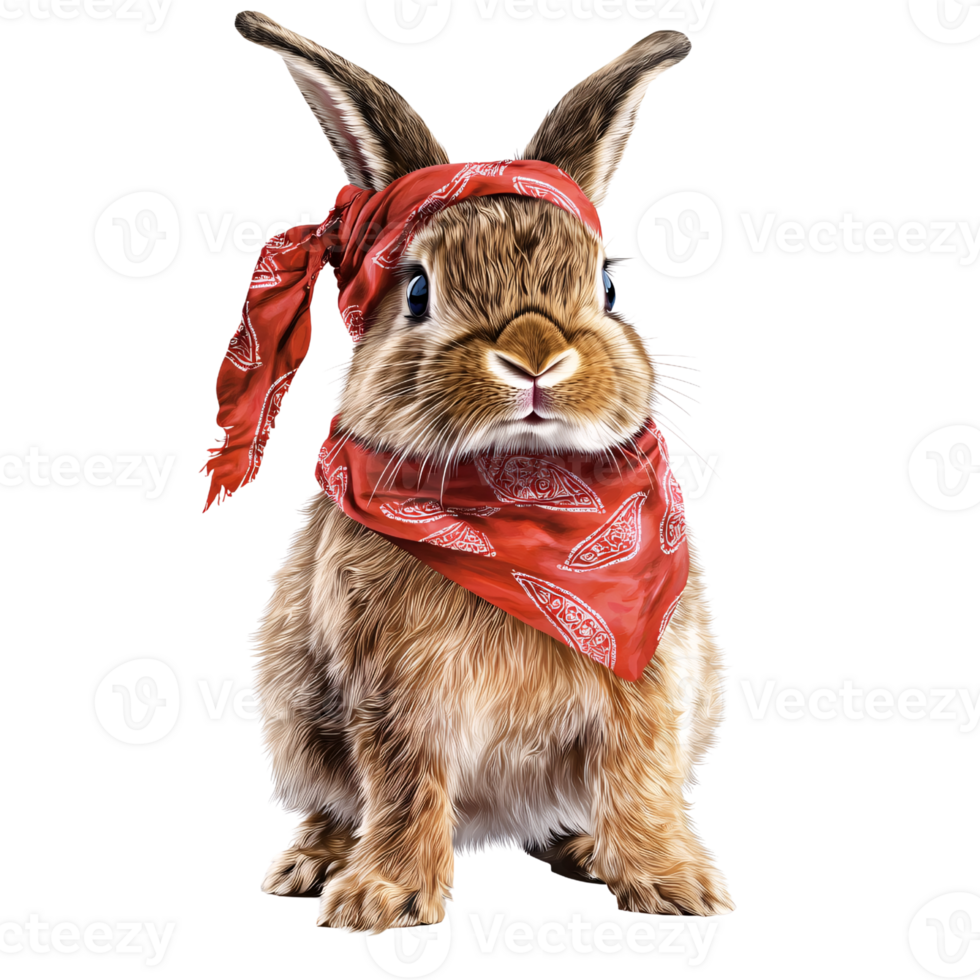 Cute brown rabbit wearing a red bandana on a transparent background Concept of pet, animal, fashion, and easter png
