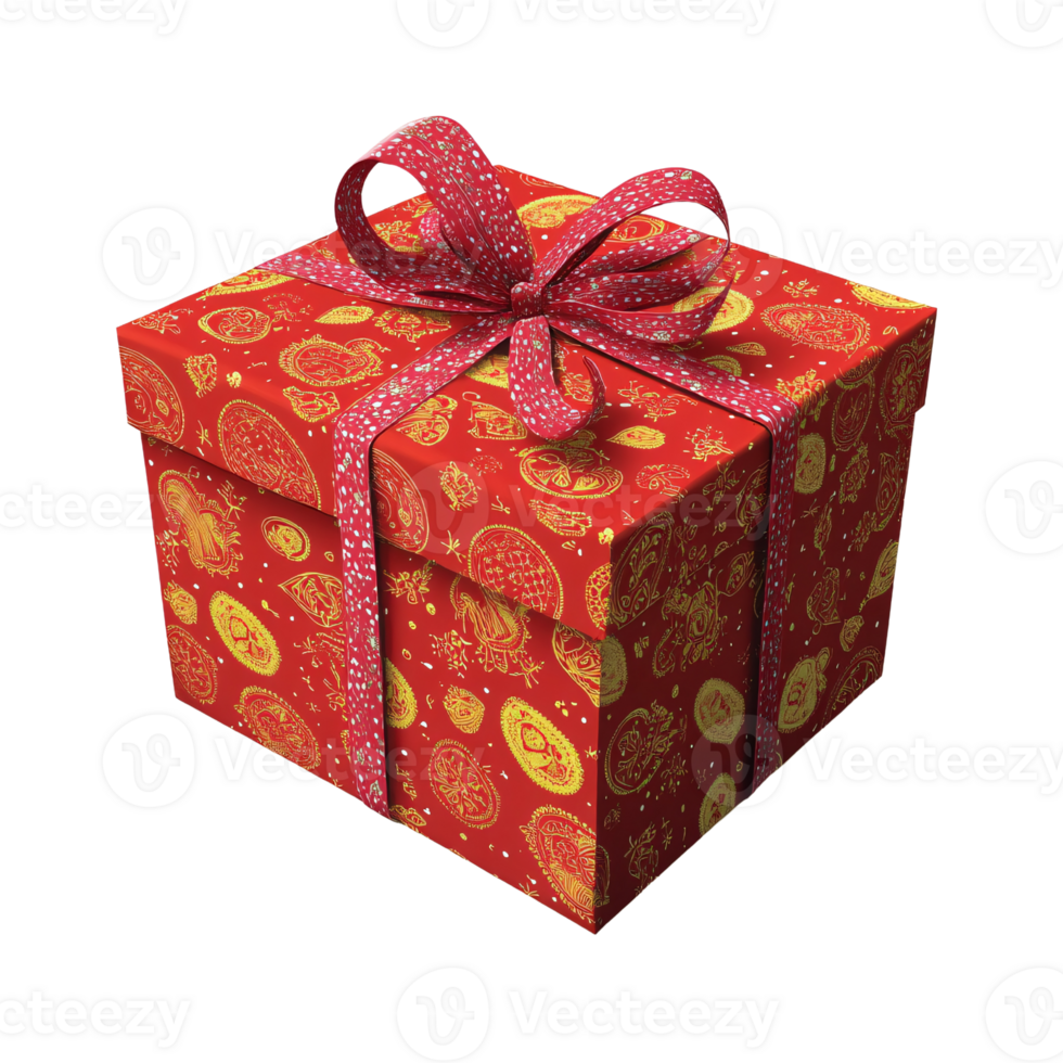 Festive red gift box with golden paisley pattern and ribbon on a transparent background, perfect for holiday celebrations and special occasions png