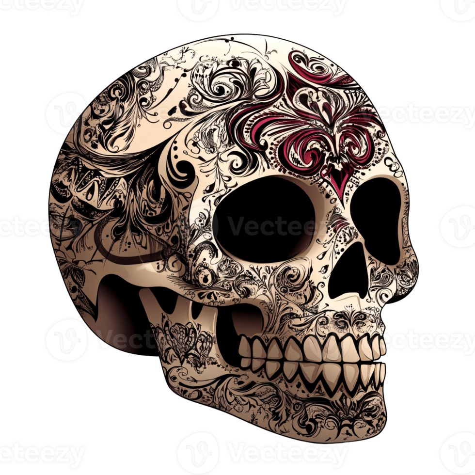 Ornate Sugar Skull with Floral Designs on Black Background, a Decorative Illustration for Day of the Dead and Halloween Celebrations png