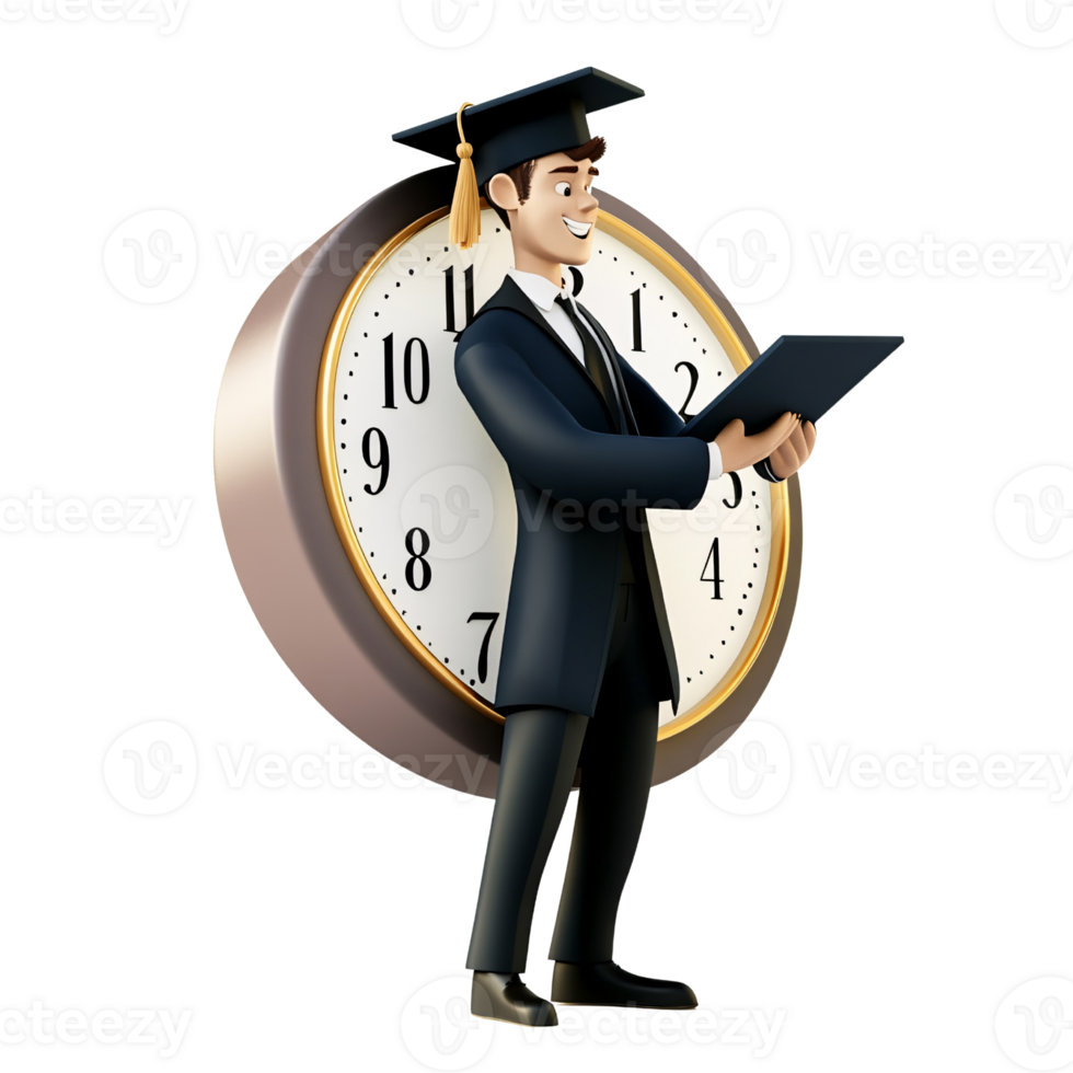 Smiling 3D rendering of a young Caucasian man in graduation gown holding a diploma with a clock in the background Concept of time management, education, and success png