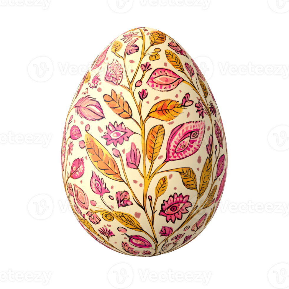 Ornate Easter egg with floral pattern in pink and gold on a transparent background Concept of spring holiday, decoration, and traditional folk art png