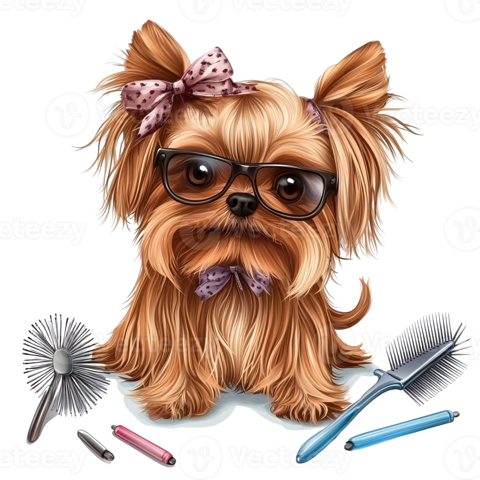Cute Yorkshire Terrier puppy with glasses and bow tie sitting with grooming brushes on a transparent background Concept of pet care, fashion, and humor png