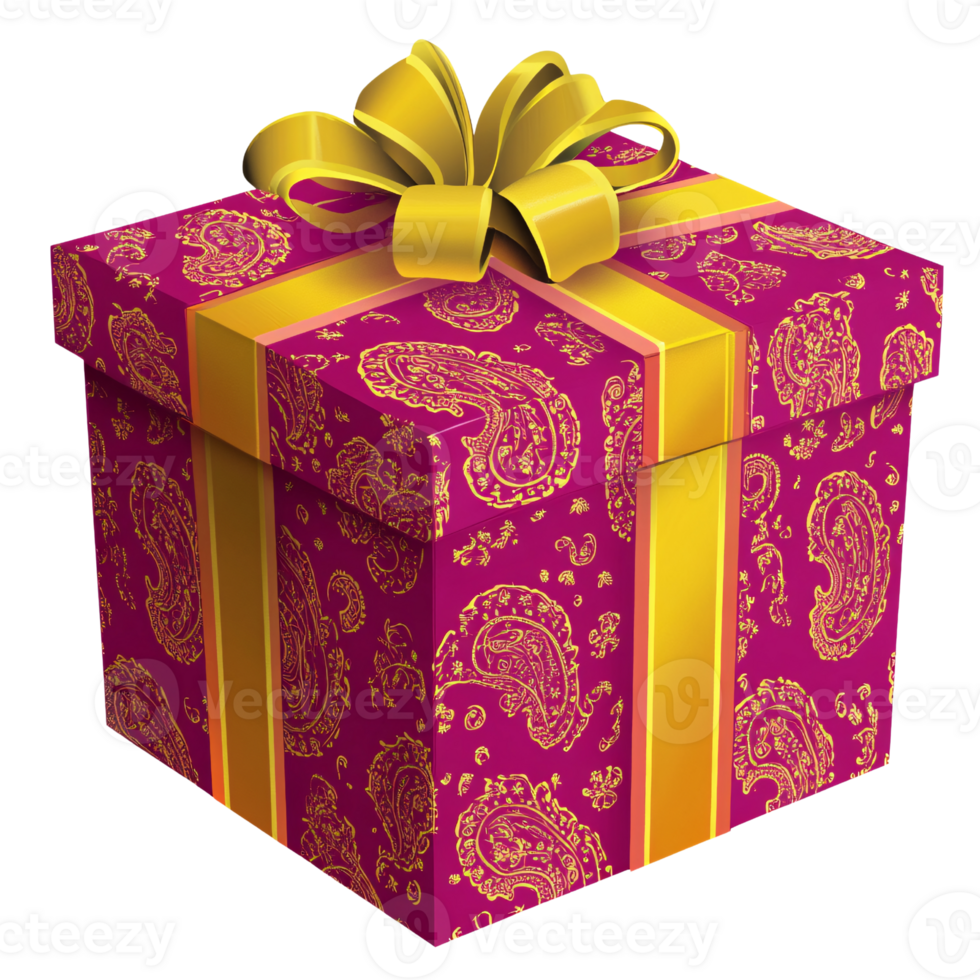 Elegant purple gift box with golden paisley pattern and ribbon on a transparent background Concept of celebration, festive, and special occasion png