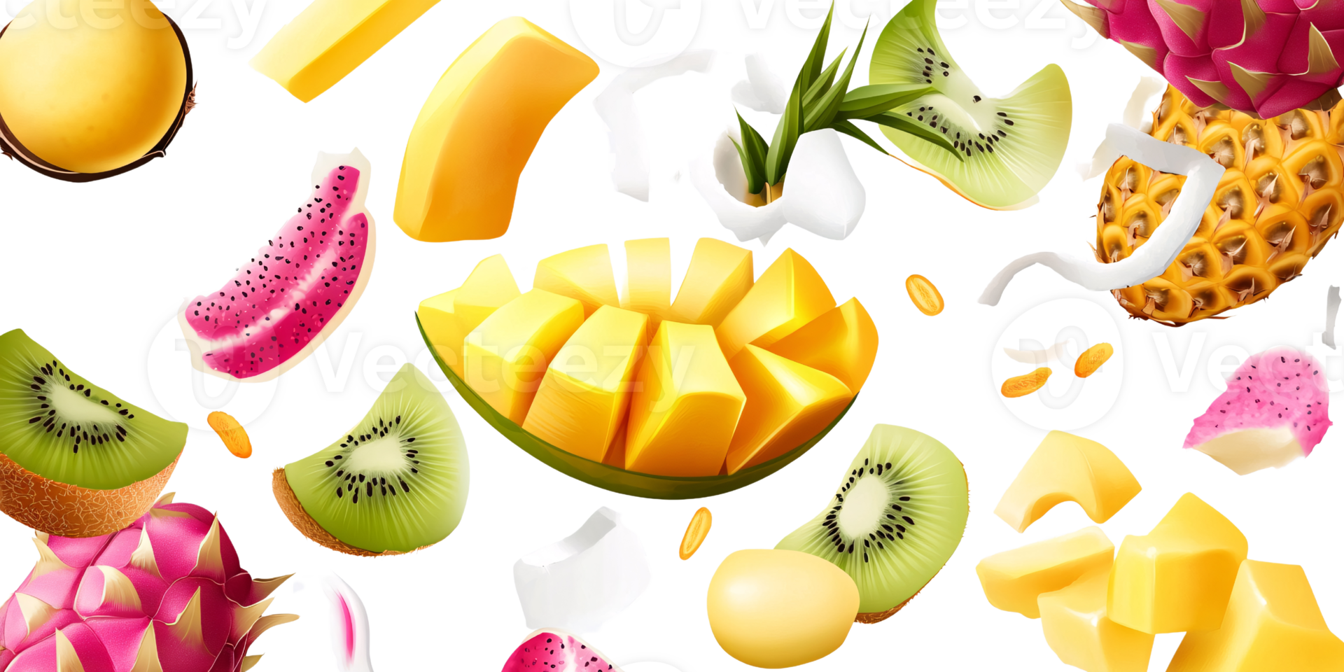 Vibrant tropical fruit mix featuring mango, kiwi, dragon fruit, pineapple, and coconut on a transparent background Concept of healthy eating, freshness, and summer png