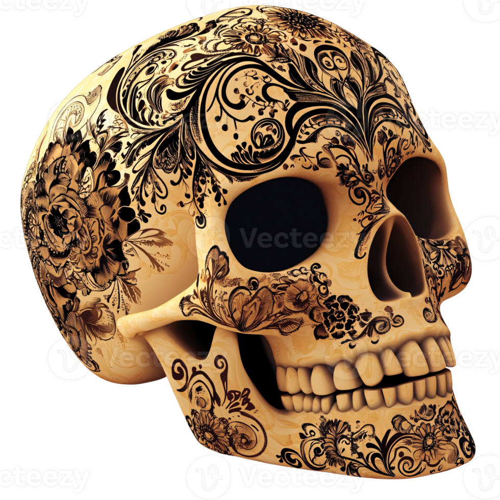 Ornate floral skull with intricate patterns, a decorative and artistic representation of mortality and remembrance on a transparent background png