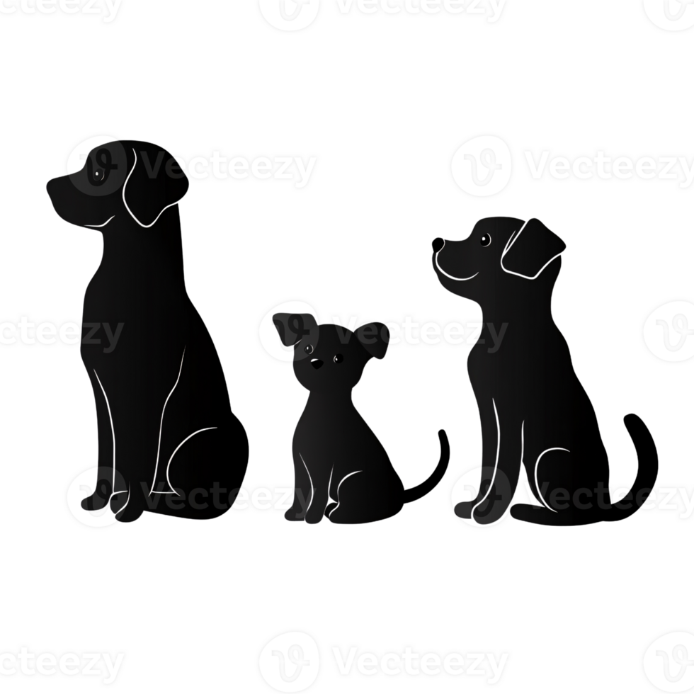 Three black dog silhouettes sitting on a transparent background Concept of family, pets, and companionship png