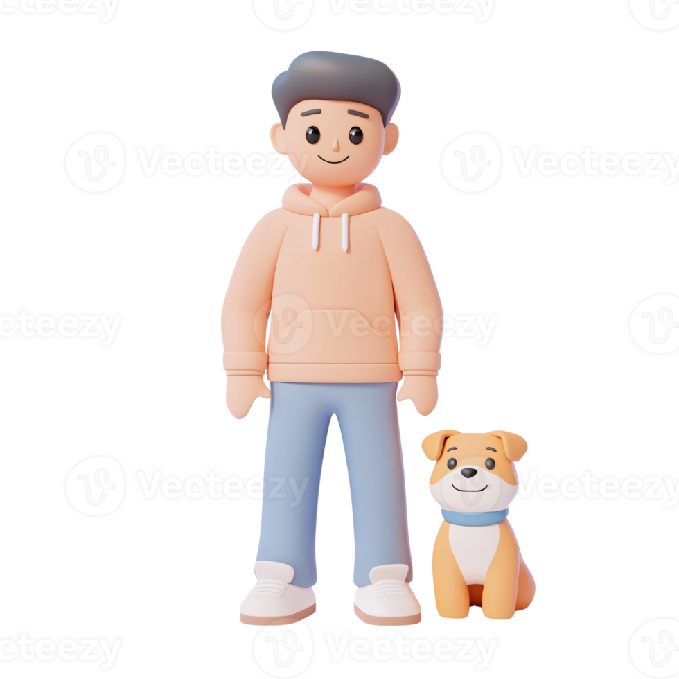 3D rendering of a smiling young man with his cute dog, cartoon style character standing indoors Concept of friendship, pet ownership, and happy lifestyle png