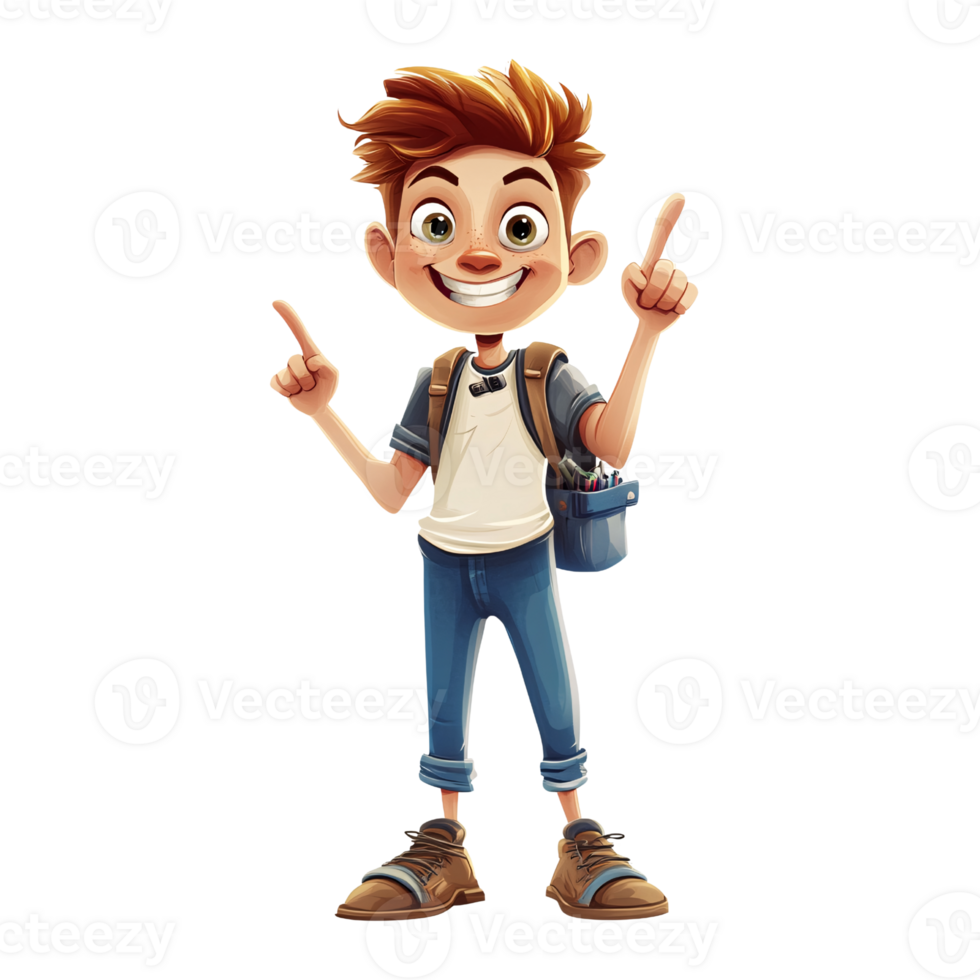 Cheerful Caucasian boy pointing upwards with both hands, wearing backpack and casual clothes Concept of education, childhood, and positive attitude on a transparent background png