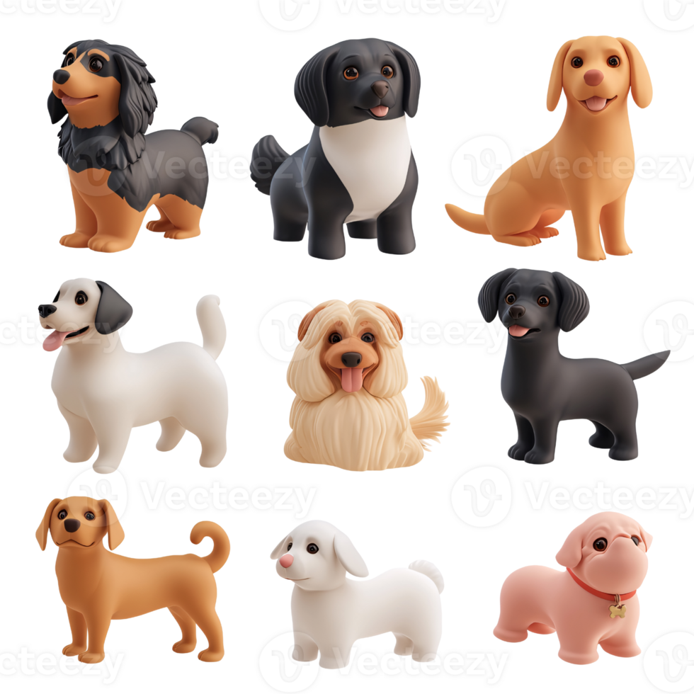 Collection of nine cute cartoon dog figurines with various breeds and colors on a transparent background Concept of pets, toys, and animal companionship png