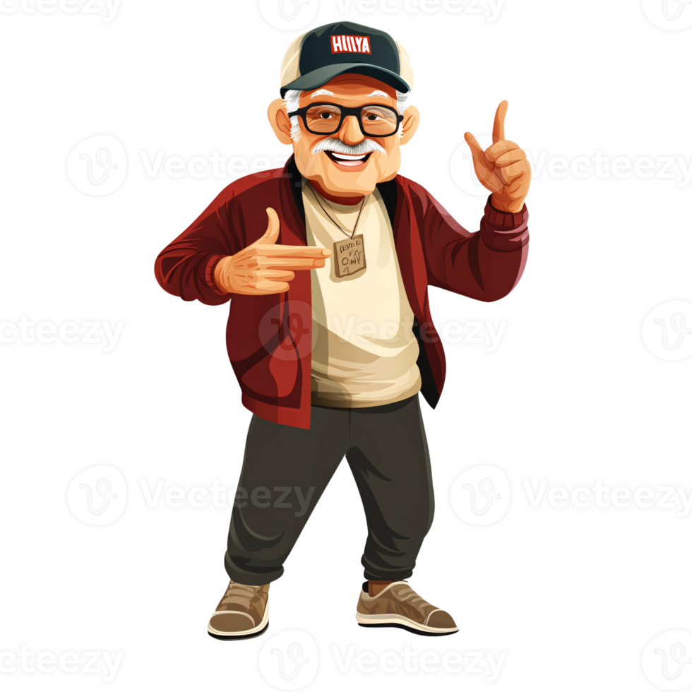 Cheerful senior man cartoon character pointing and gesturing upwards, wearing casual clothing and baseball cap on a transparent background Concept of guidance, advice, and wisdom png