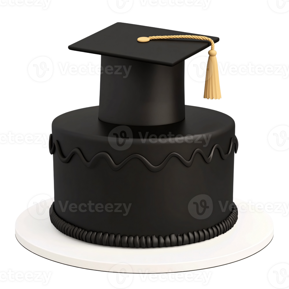 Elegant black graduation cake with mortarboard cap and golden tassel on a white plate Concept of celebration, achievement, and academic success png