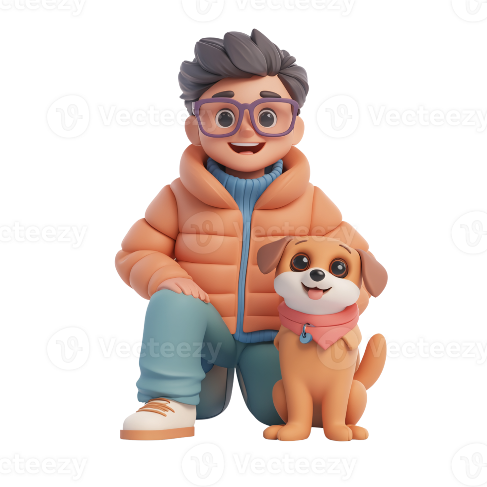 Cartoon boy kneeling with his cute dog wearing a bandana on a transparent background Concept of friendship, pet ownership, and happy childhood png