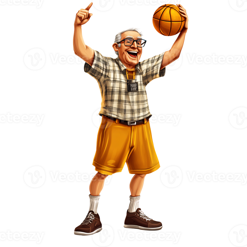 Excited senior man holding basketball with arms raised in victory, celebrating a win with a cheerful expression Concept of active lifestyle, sports, and healthy aging png