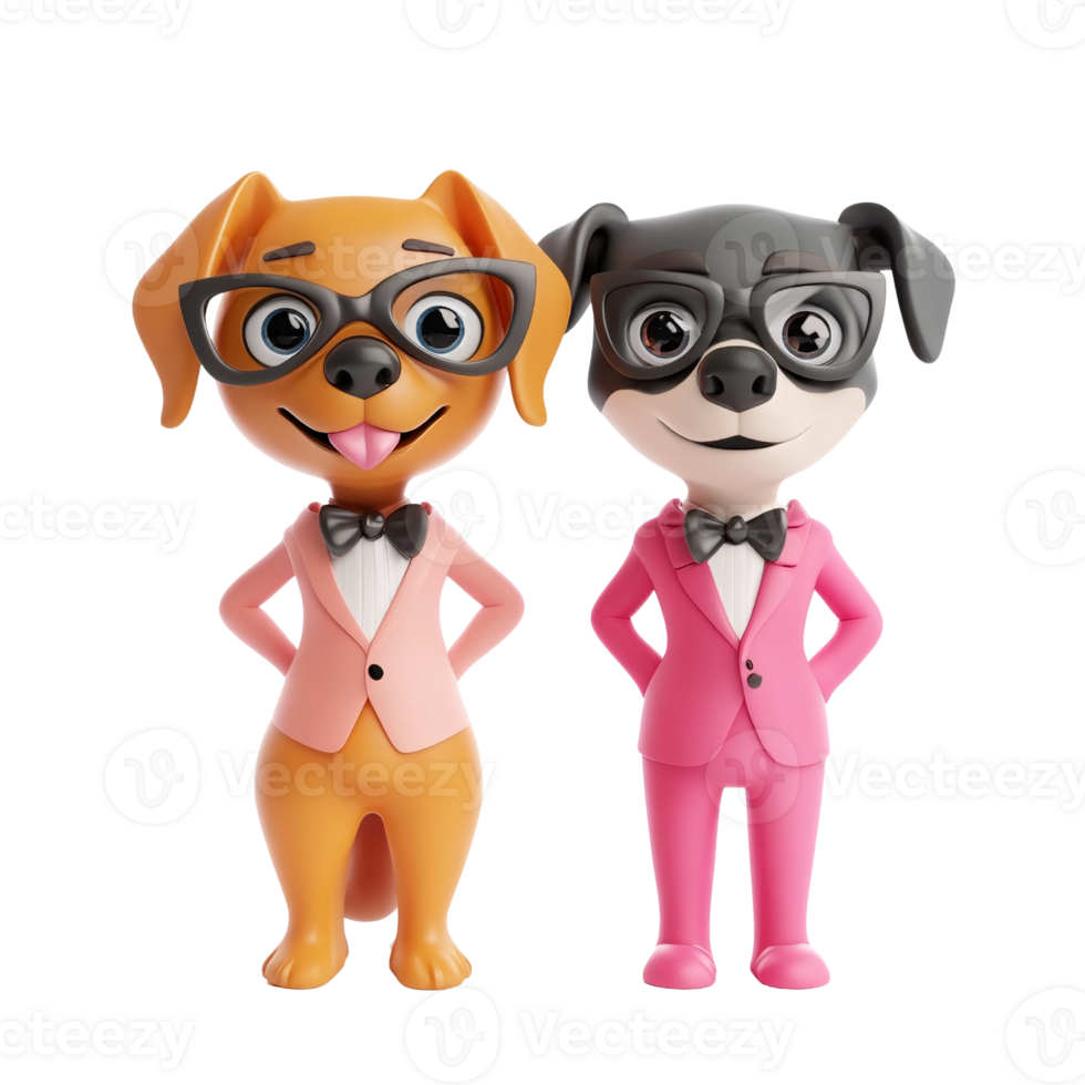 Two cartoon dog characters wearing suits and glasses, standing sidebyside with a confident and playful mood Concept of humor, business, and friendship png