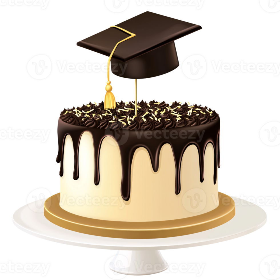 Delicious graduation cake with chocolate drip and graduation cap on a transparent background Concept of celebration, achievement, and academic success png