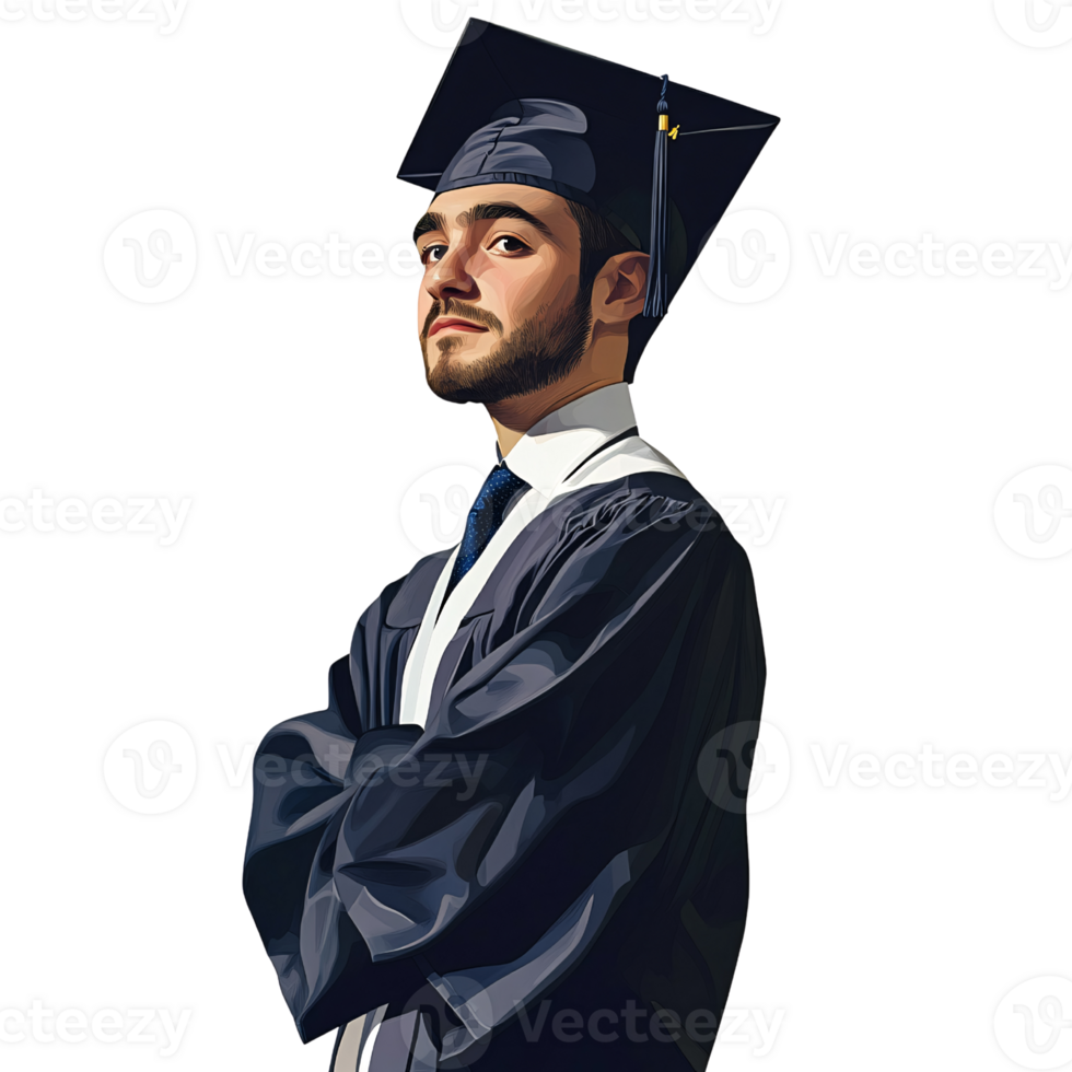 Confident young adult man in graduation gown and cap on transparent background Concept of academic achievement, success, and higher education png