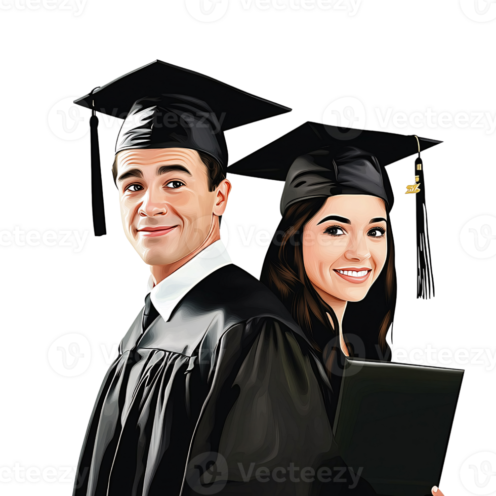 Smiling Caucasian man and woman in graduation gowns and caps, celebrating academic achievement and success on a transparent background Concept of education, graduation, and future png