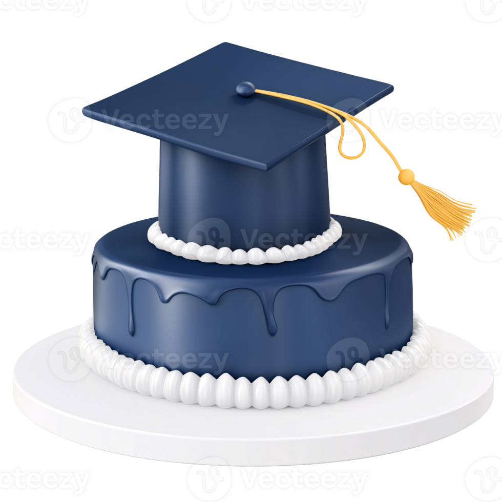 Elegant graduation cake with blue mortarboard cap and golden tassel, celebrating academic achievement and success on a transparent background Concept of education, celebration, and graduation png