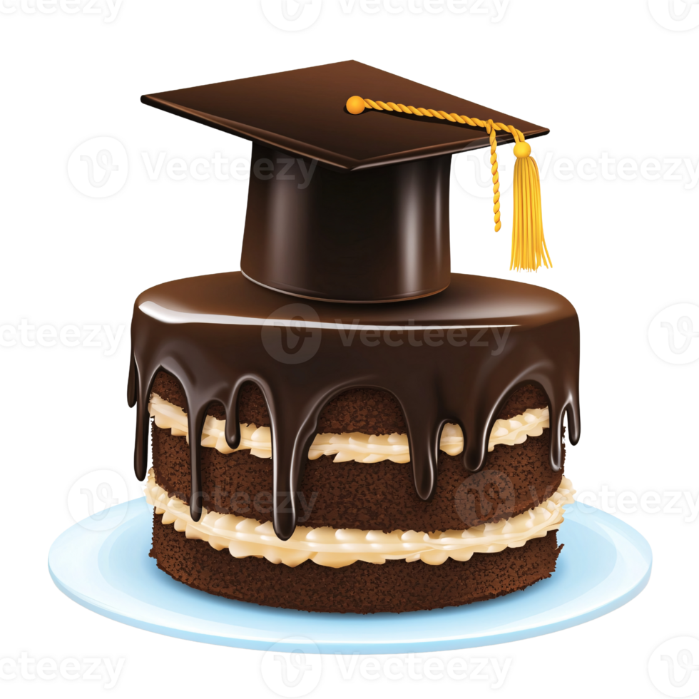 Delicious chocolate graduation cake with mortarboard hat on a transparent background Concept of celebration, achievement, and academic success png