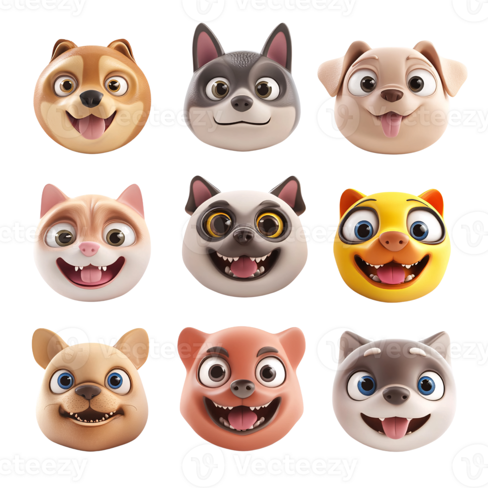 Collection of nine cartoon animal faces, including dogs and cats, with happy expressions on a transparent background Concept of pets, humor, and animation png