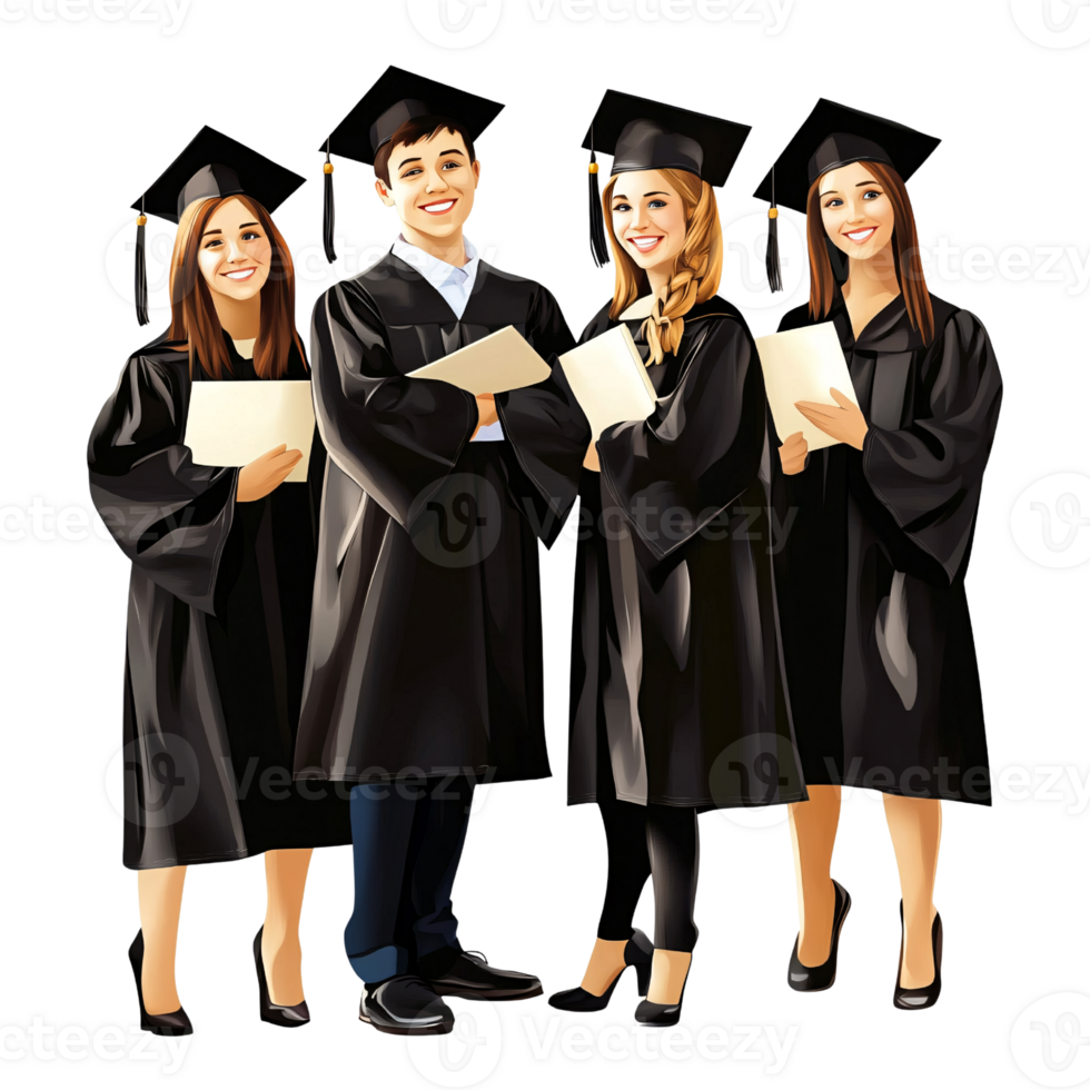 Group of happy diverse young adult graduates in graduation gowns holding diplomas, celebrating academic achievement and success on transparent background png