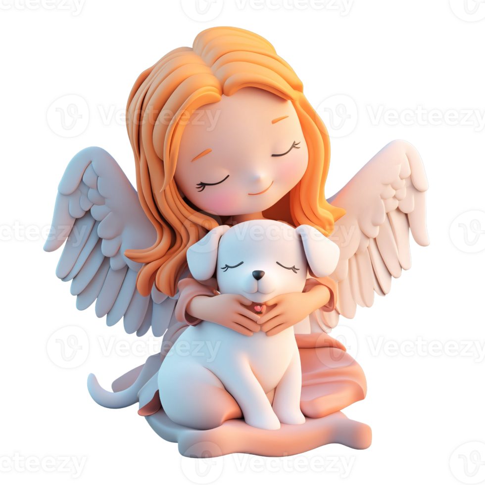 Cute angel girl with wings hugging a puppy dog with love and care Concept of friendship, kindness, compassion, and protection on a transparent background png