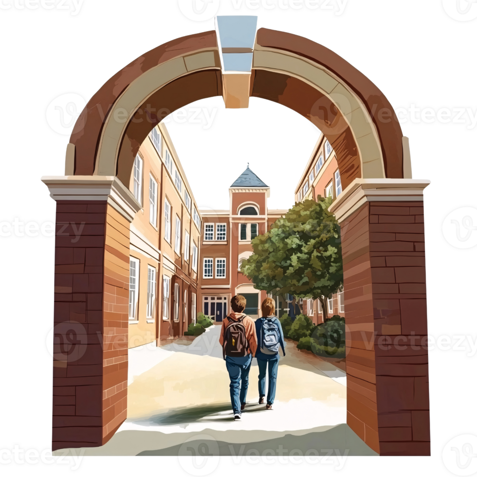 Two teenagers walking through university campus archway with backpacks Concept of education, college life, and friendship png