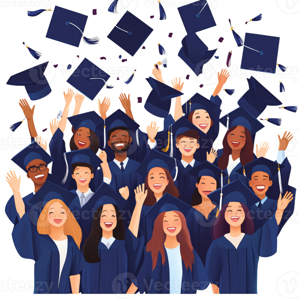 Diverse group of happy young adults celebrating graduation by throwing caps in the air Concept of education, achievement, success, and future on a transparent background png