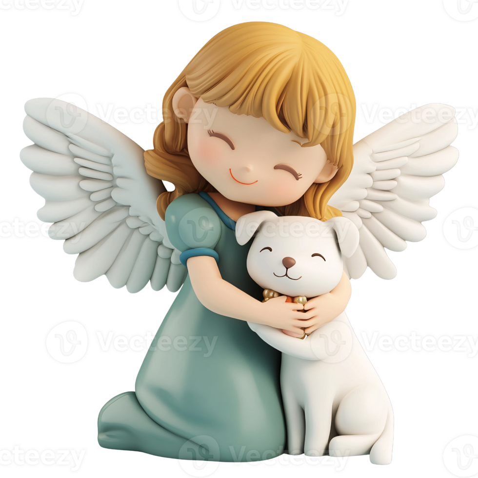 Cute cartoon angel girl hugging a white puppy dog with love and care Concept of friendship, protection, innocence, and guardian angel png