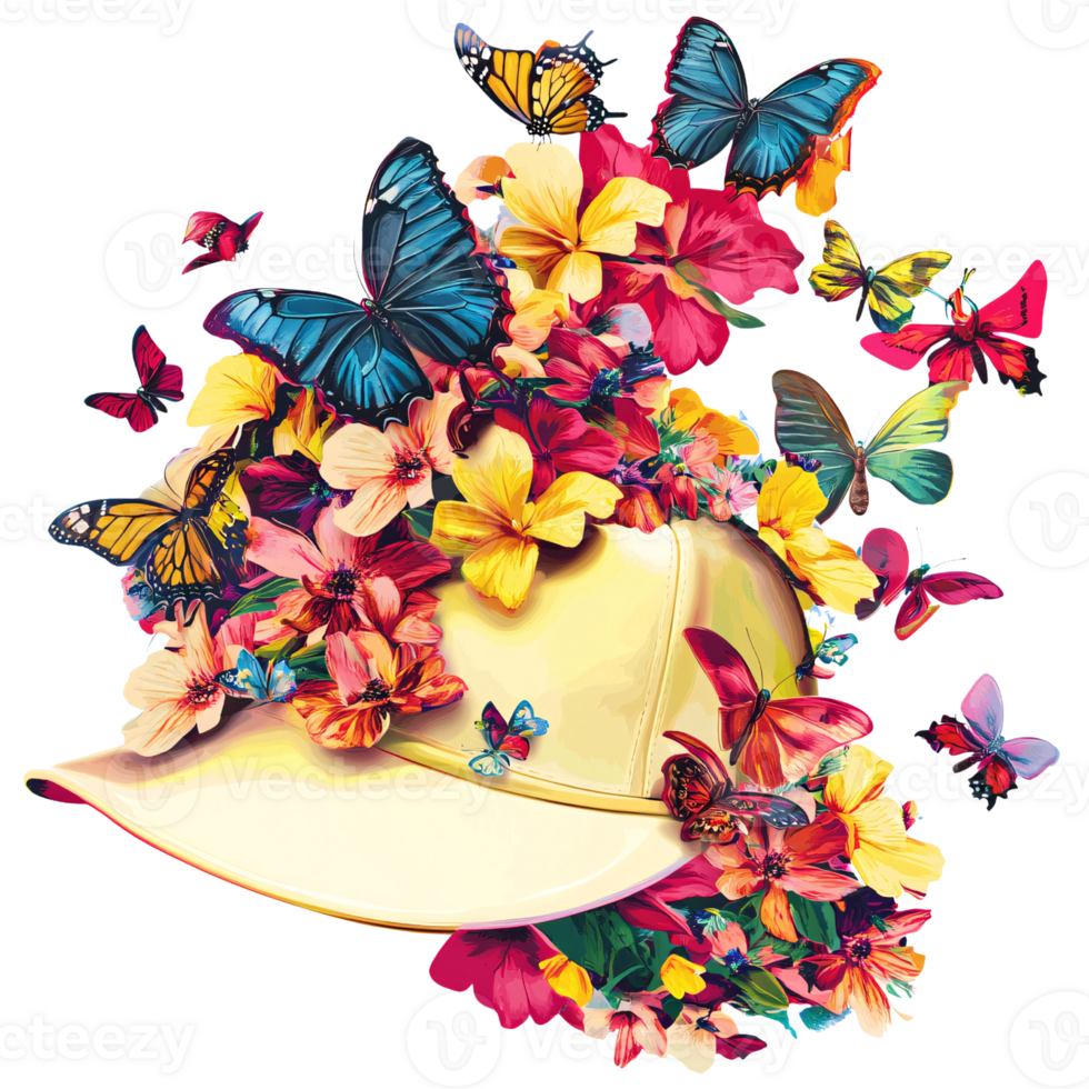 Artistic floral baseball cap adorned with colorful butterflies and vibrant flowers on a transparent background Concept of spring, nature, fashion, and whimsical design png