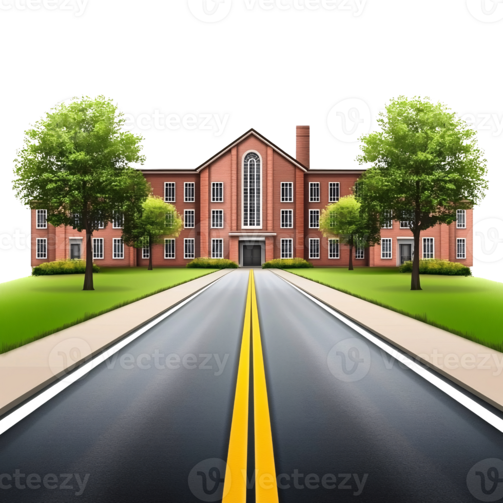 Classic brick university building with road and green lawn on a transparent background Concept of education, campus, and architecture png