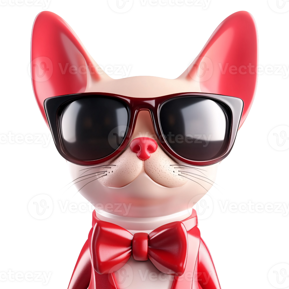 Cartoon cat character wearing sunglasses and a bow tie on a transparent background Concept of cool, funny, and stylish pet in a suit png