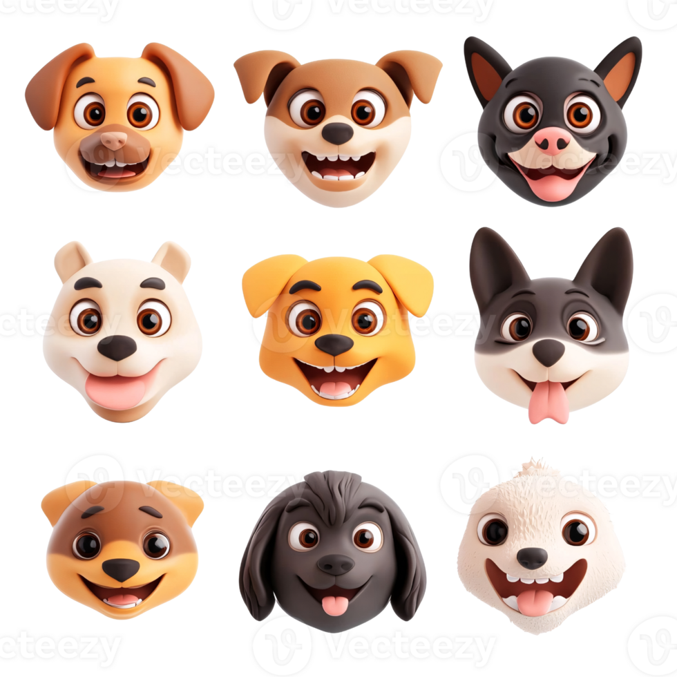 Collection of nine cute and happy cartoon dog faces with different breeds on a transparent background Concept of pets, joy, and animal characters png