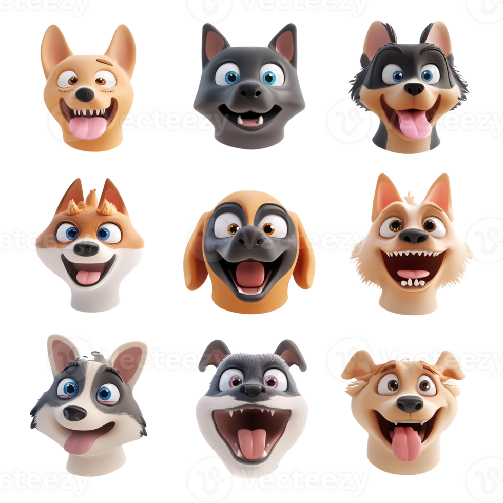 Collection of nine cartoon dog heads with happy expressions on a transparent background Concept of animation, pet ownership, and playful character design png