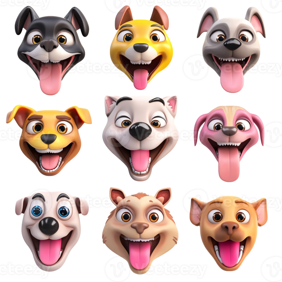 Collection of nine cartoon dog faces with happy expressions and tongues out on a transparent background Concept of pets, humor, and animation png