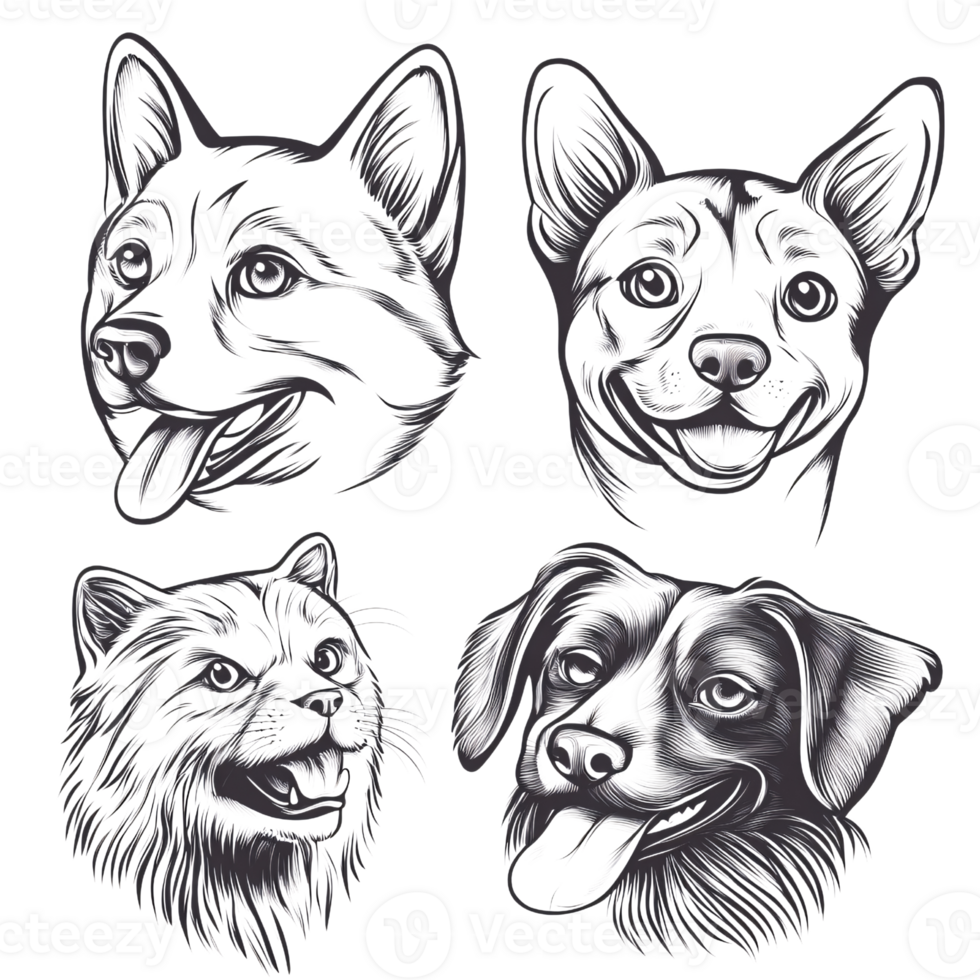 Engraved animal heads featuring dog and cat breeds in detailed line art on a transparent background Concept of pets, domestic animals, and vintage illustration png