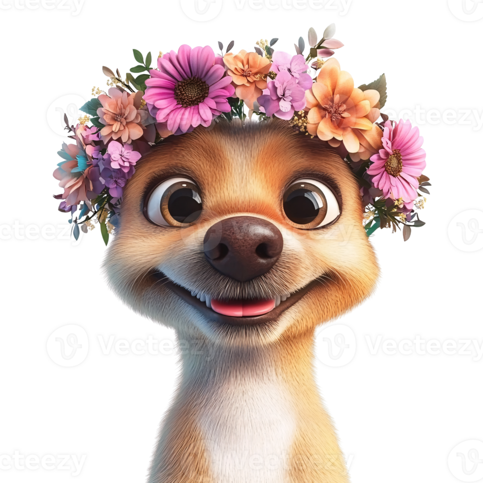 Cute meerkat cartoon character smiling, wearing a colorful flower crown on a transparent background Concept of spring, happiness, and whimsical animal illustration png
