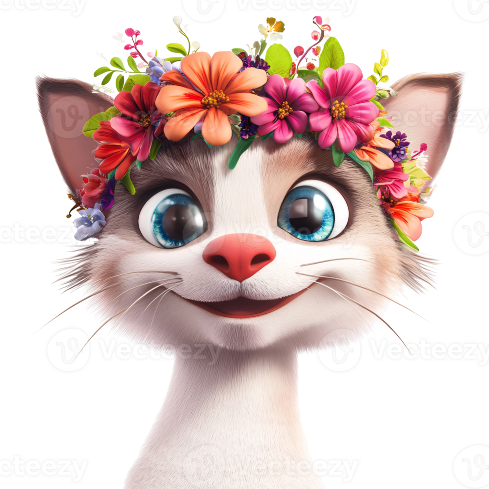 Smiling cartoon cat with flower crown on a transparent background Cute animal character with big blue eyes and a happy expression Concept of spring, joy, and whimsical design png
