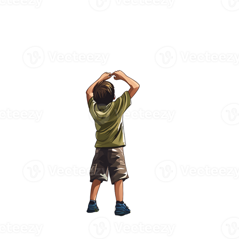 Young boy looking up with hands raised on transparent background, dreaming of future possibilities and reaching for the sky Concept of childhood, aspiration, and imagination png