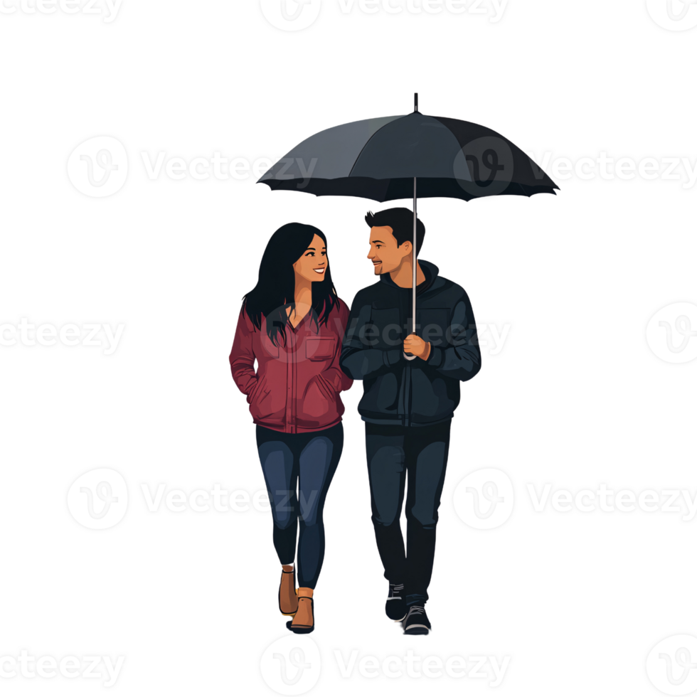 Young Hispanic couple walking under umbrella on transparent background, sharing a romantic moment in the rain Concept of love, relationship, and companionship png