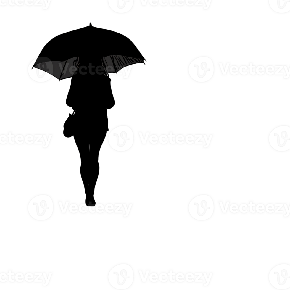 Silhouette of a woman walking with an umbrella on a transparent background, concept of mystery, protection, and solitude png