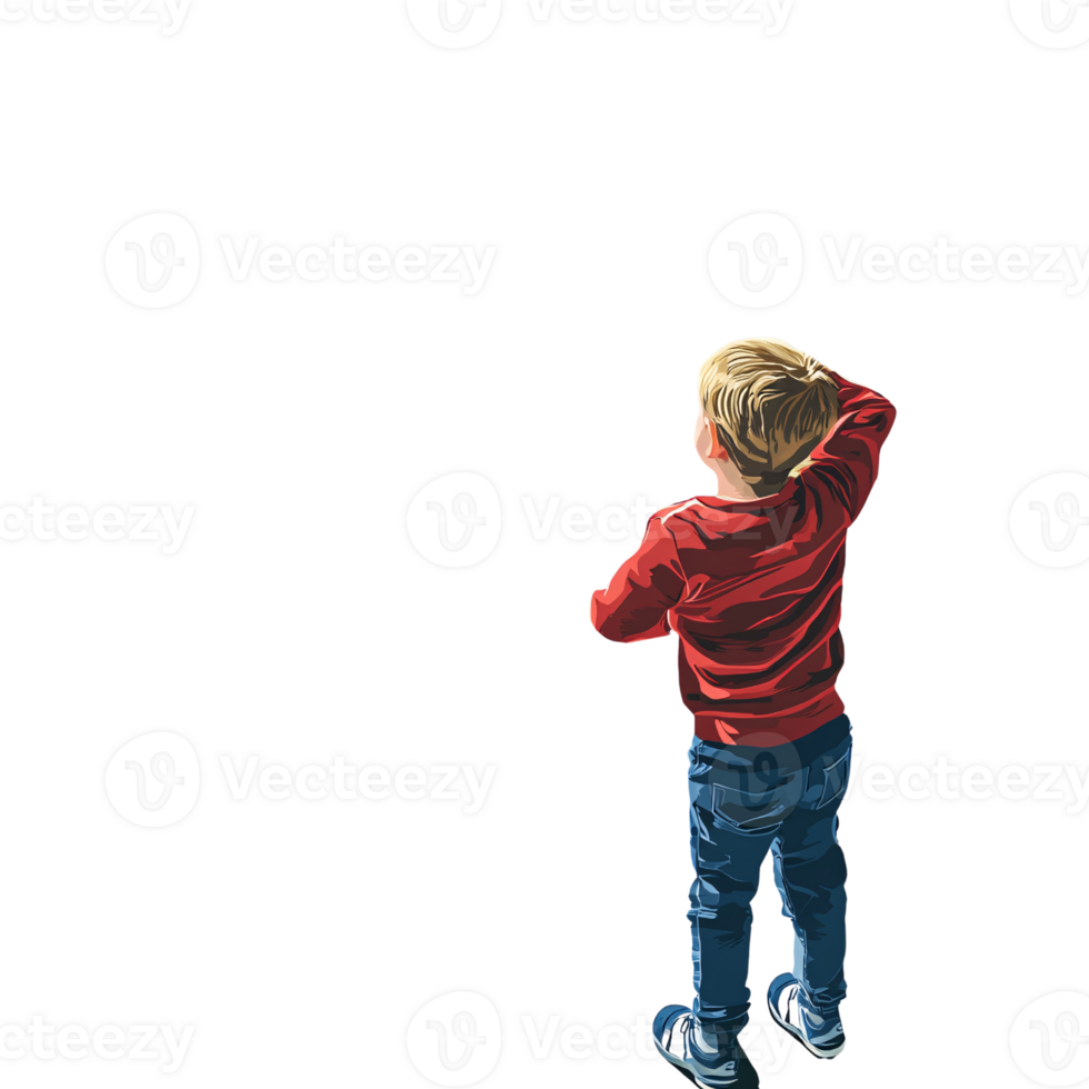Blond Caucasian boy standing with back to camera, scratching head, looking up at something interesting Concept of childhood curiosity, wonder, and contemplation png